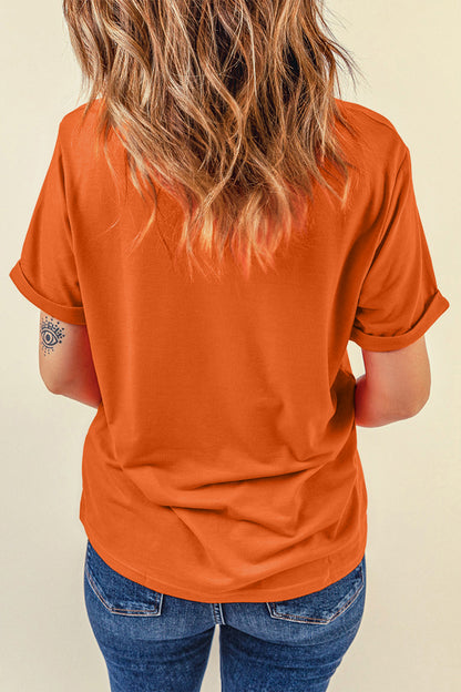 Orange Patchwork Pumpkin Graphic Short Sleeve Round Neck Tee
