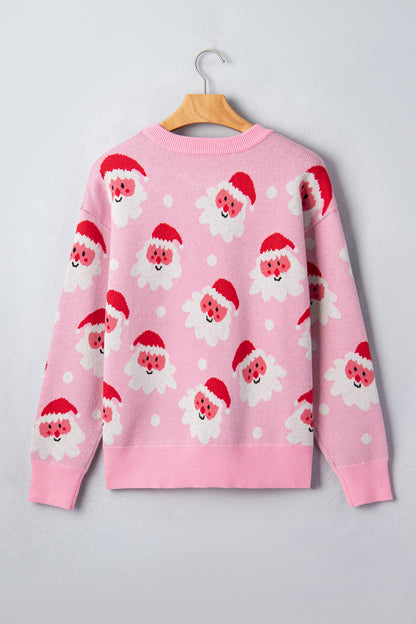Pink Cartoon Santa Pattern Round Neck Dropped Shoulder Sweater