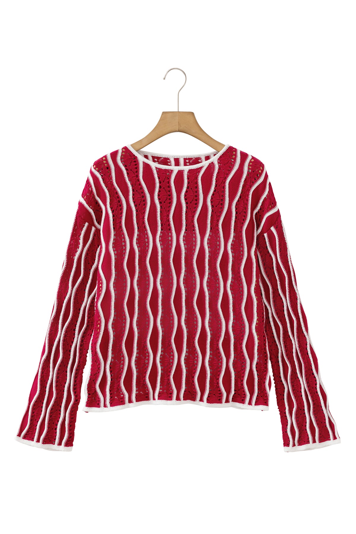 Racing Red Wavy Detail Hollow Out Knit Long Sleeve Cotton Pullover Sweater