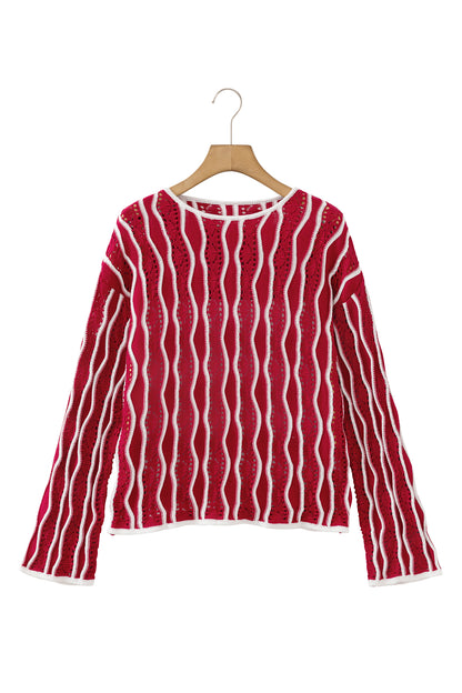 Racing Red Wavy Detail Hollow Out Knit Long Sleeve Cotton Pullover Sweater