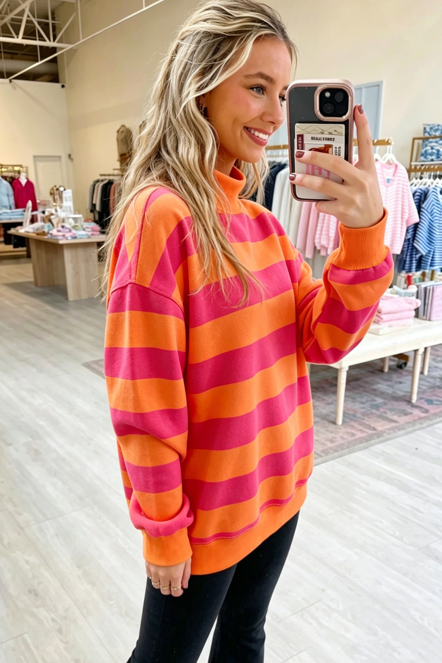 Blue Stripe Colorblock Mock Neck Relaxed Sweatshirt