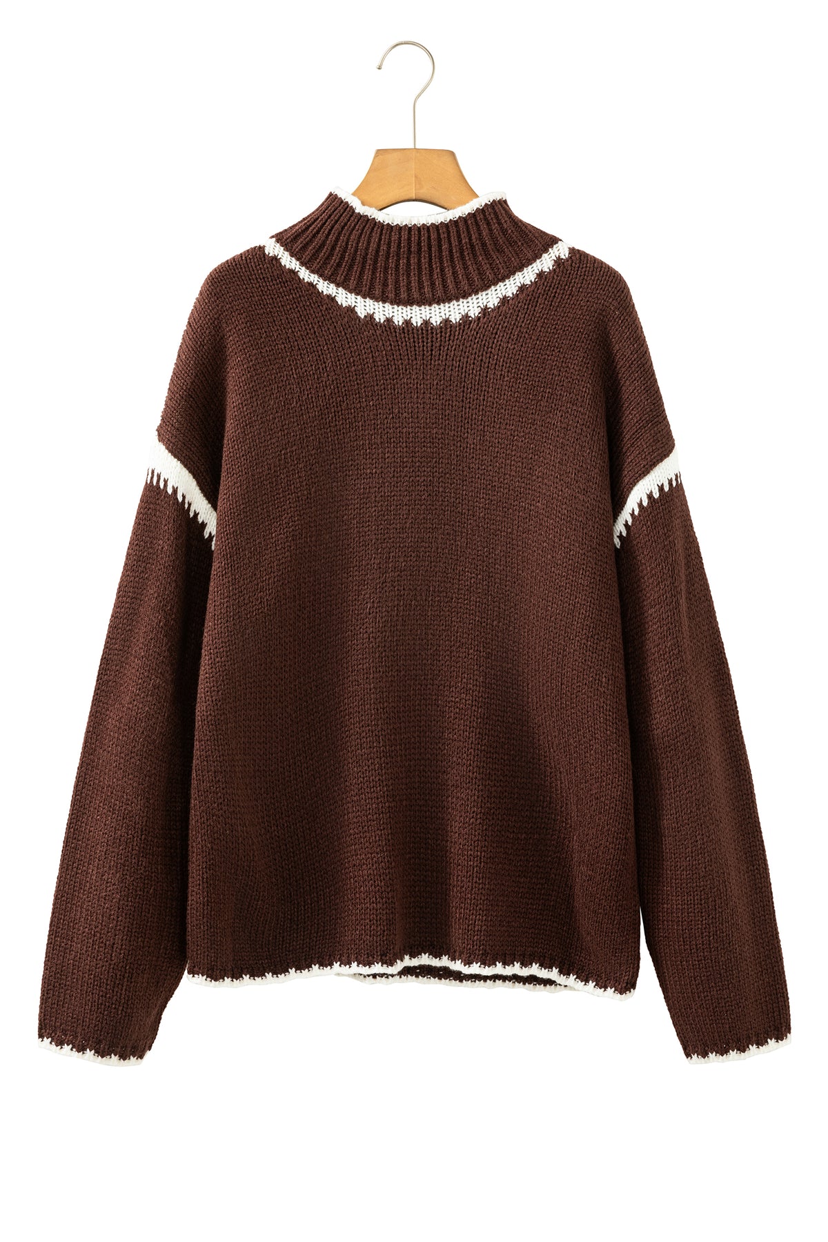 Dark Khaki Contrast Trim Mock Neck Drop Shoulder Relaxed Sweater