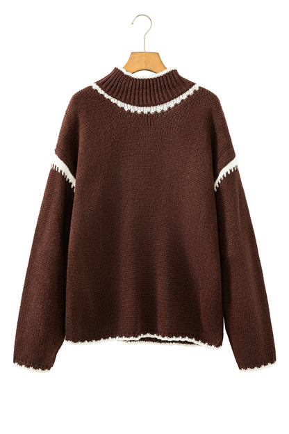 Dark Khaki Contrast Trim Mock Neck Drop Shoulder Relaxed Sweater