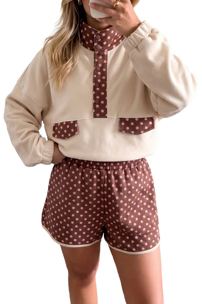 Brown Polka Dot Contrast Baggy Pullover and Elastic Waist Shorts 2pcs Set