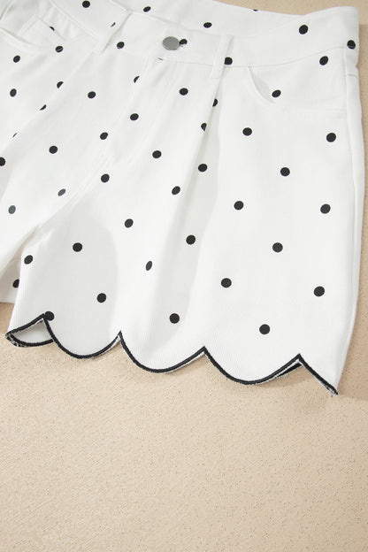 White Polka Dot Print Embroidered Scallop Hem Shorts