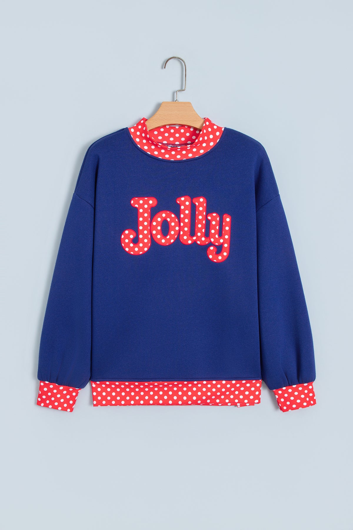 Sail Blue Polka Dot Letter Print Contrast Trim Mock Neck Sweatshirt