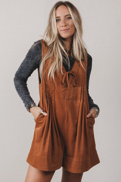 Cinnamon Solid Color Tie V Neck Sleeveless Corduroy Romper
