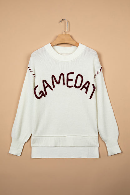 Beige Drop Shoulder Game Day Letter Print Pullover Sweater
