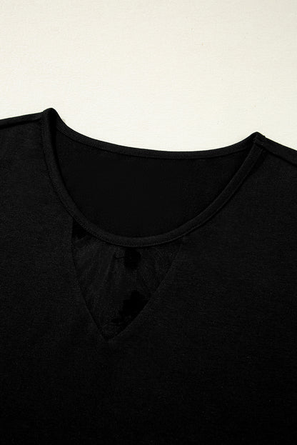 Black Floral Mesh Patchwork Loose V Neck Plus Size T Shirt