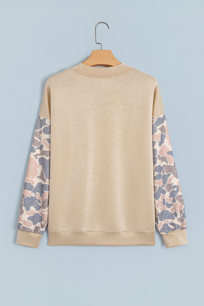 Coffee Camouflage Sleeve Crewneck Baggy Pullover Sweatshirt