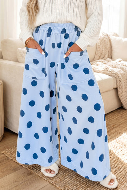 Brown Polka Dot Wide Leg Elastic Waist Casual Pants