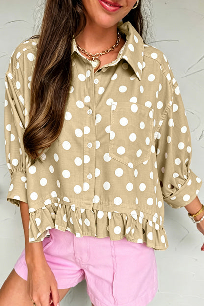 White Polka Dot Print Three Quarter Sleeve Ruffle Hem Casual Shirt