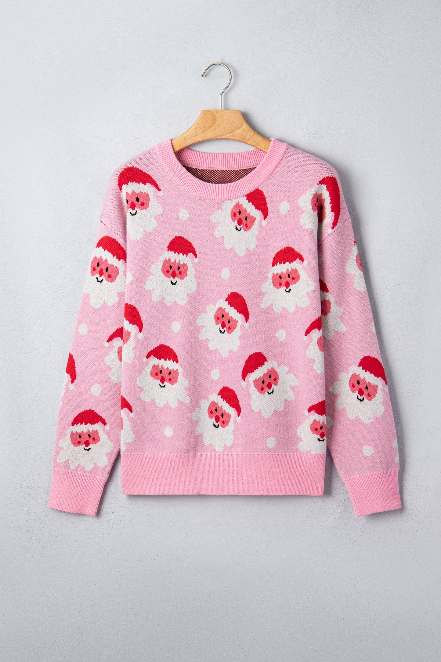 Pink Cartoon Santa Pattern Round Neck Dropped Shoulder Sweater