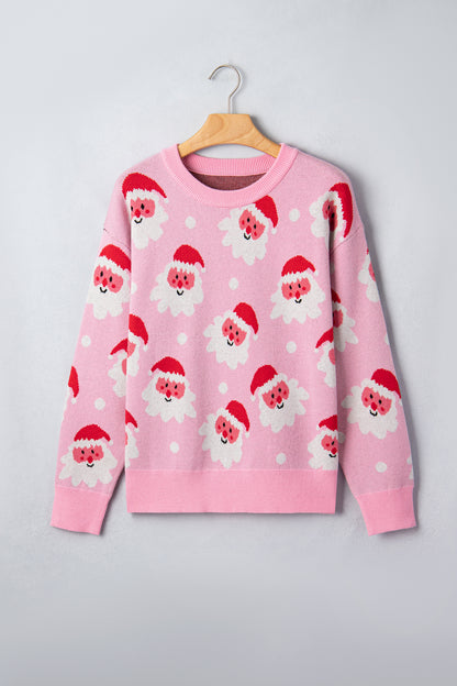 Pink Cartoon Santa Pattern Round Neck Dropped Shoulder Sweater