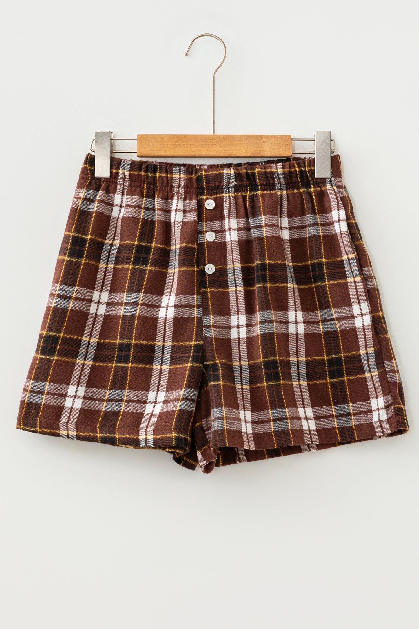 Brown Plaid Button Front Elastic Waist Shorts