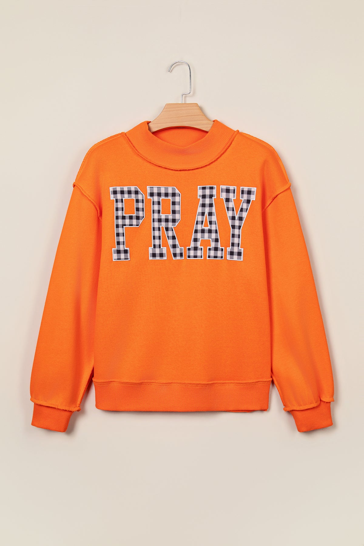 Orange PRAY Plaid Embroidered Mock Neck Sweatshirt