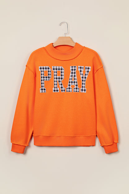 Orange PRAY Plaid Embroidered Mock Neck Sweatshirt