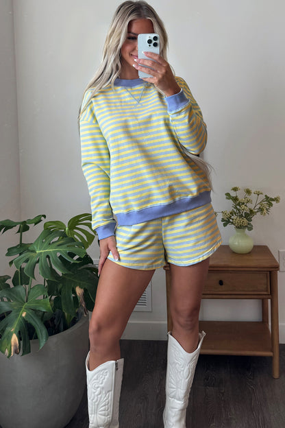 Green Stripe Color Block Detail Long Sleeve Pullover Elastic Waist Pull On Shorts 2pcs Set